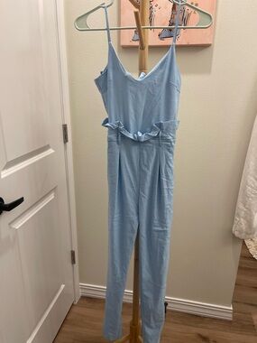 Light Blue Ruffle-Waist Spaghetti-Strap Jumpsuit